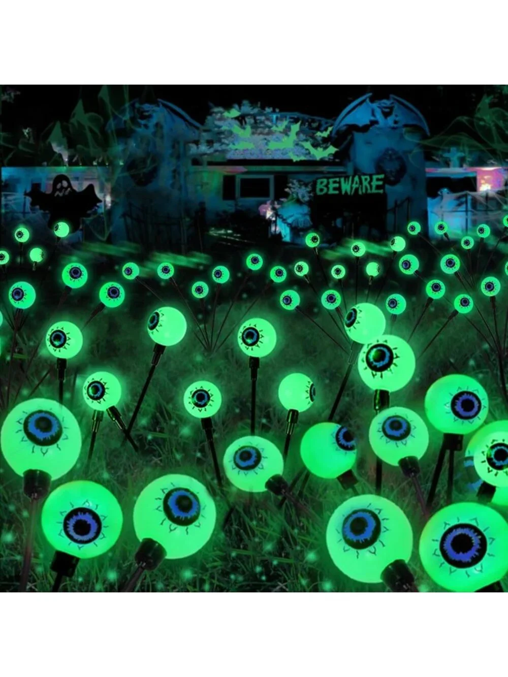 Spooky Solar Halloween Decorations - 6 Pack Green LED Eyeball Lights for